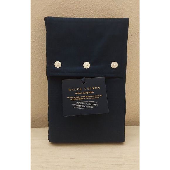 Ralph Lauren LOVAN JACQUARD 100% Organic Cotton 2 Standard Pillowcases Polo Navy - Picture 1 of 7